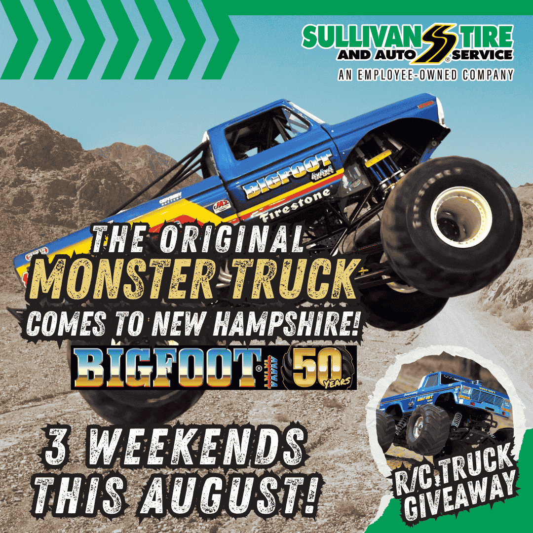 Promotional image of the Bigfoot Monster Truck. Reads "The Original Monster Truck comes to New Hampshire!" with the Bigfoot 50th Anniversary logo. "3 weekends this August!" and "R/C Truck Giveaway"