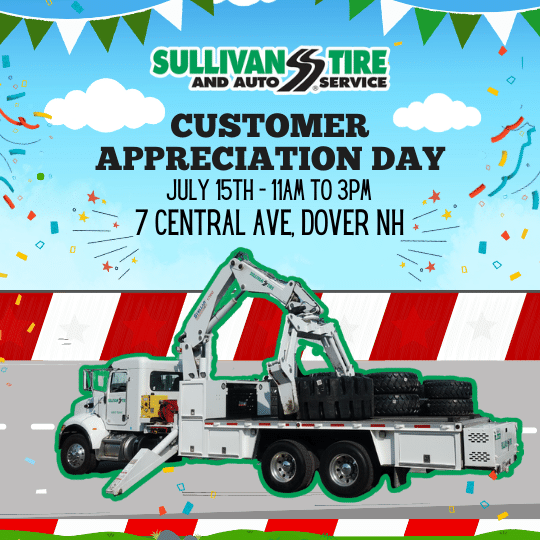 Dover Customer Appreciation Day promo image with the title, date, and time of the event and a Sullivan Tire commerical division boom truck on it with confetti and streamers